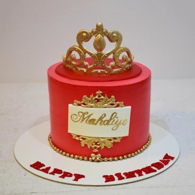 کیک دخترانه قرمز تاج طلایی 