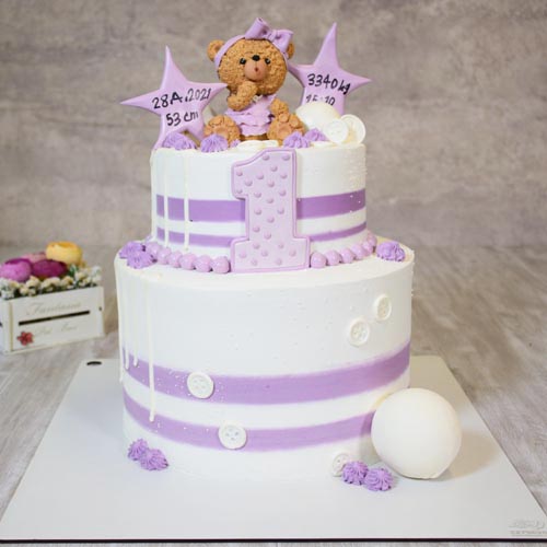 کیک تدی دخترانه بنفش یکسالگی 